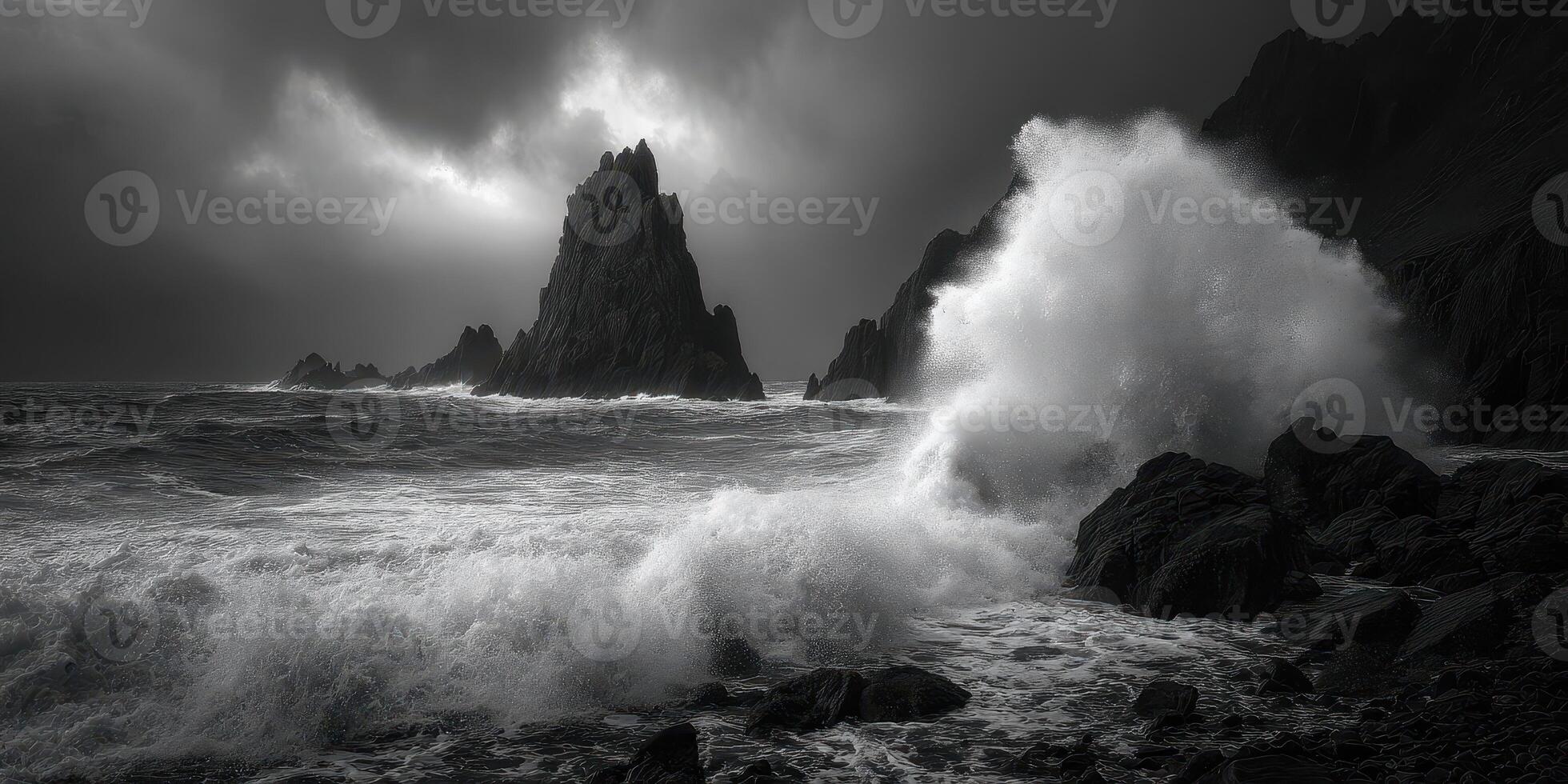 Powerful waves crash against rugged cliffs at the stormy coastline during twilight hours photo