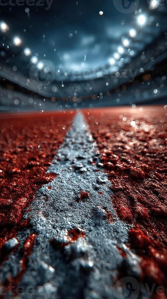 Close-up view of a rain-soaked running track in a stadium during a cloudy afternoon photo