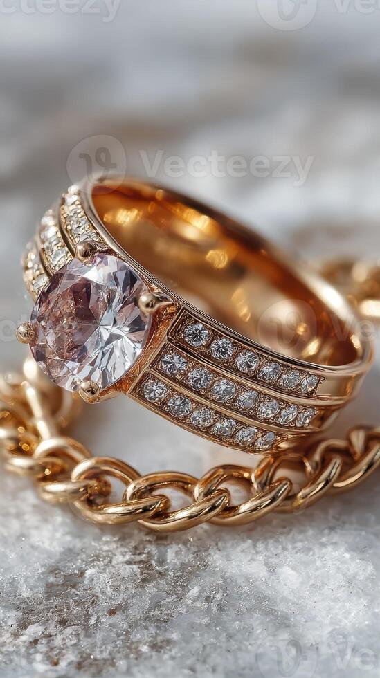 Exquisite gold and diamond ring showcased with a delicate chain on a textured surface photo