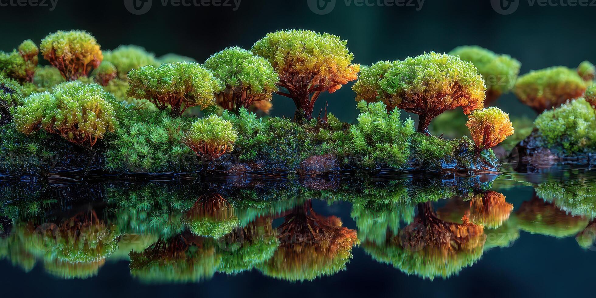 Vibrant moss-covered landscape with colorful trees reflected in tranquil water at dawn photo