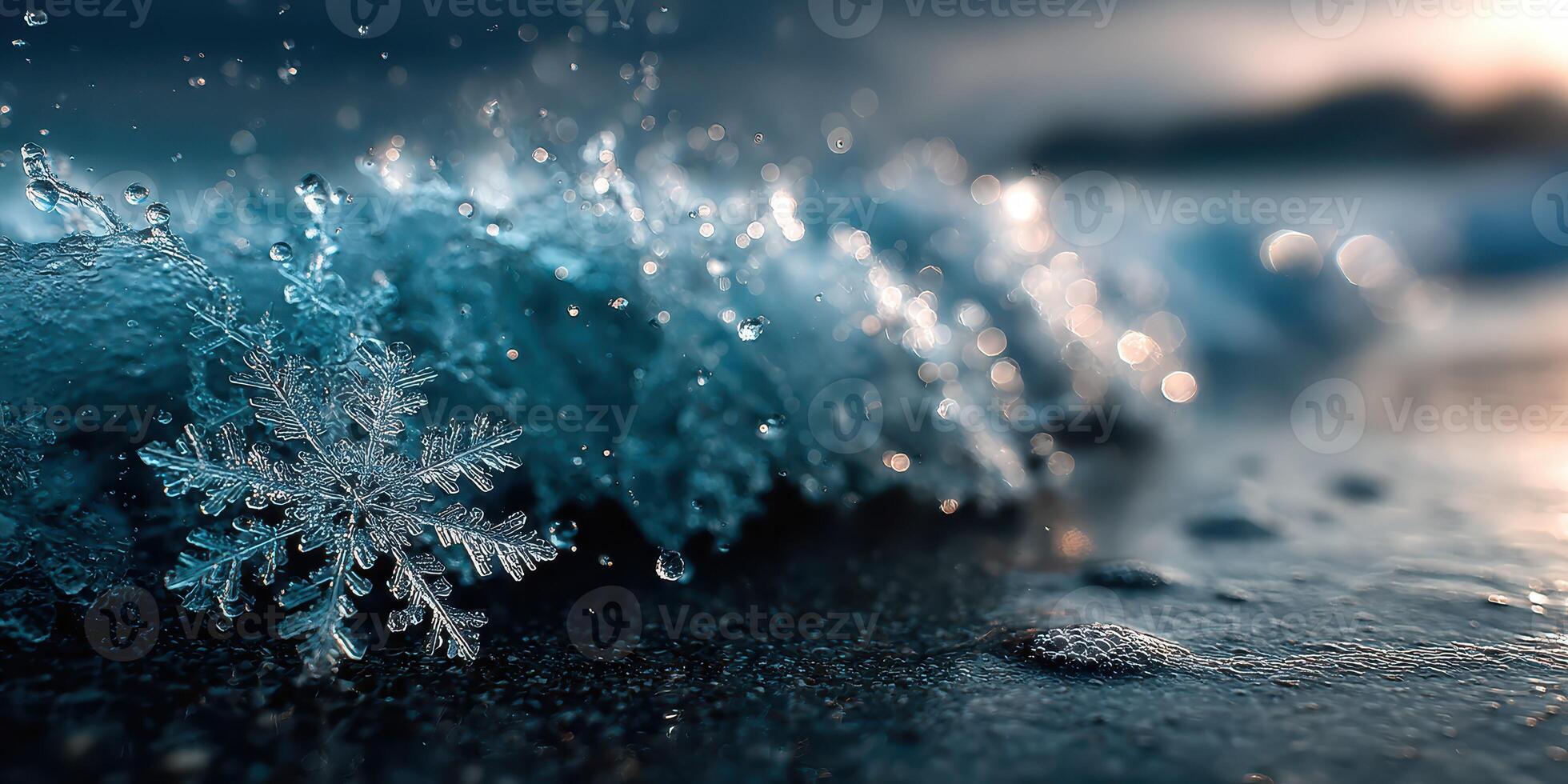 Snowflake resting on the edge of a wave during twilight by the shore photo