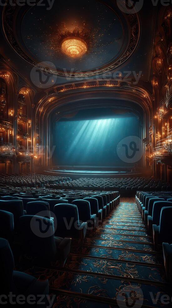 Empty theater interior with illuminated stage and ornate decor during evening performance preparation photo