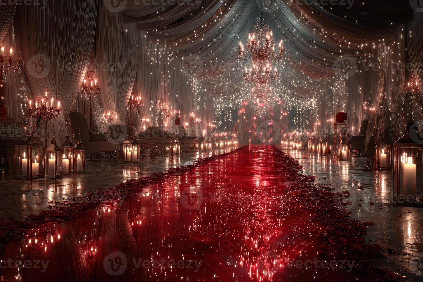 Elegant ballroom decorated with lights and candles for a romantic evening event photo