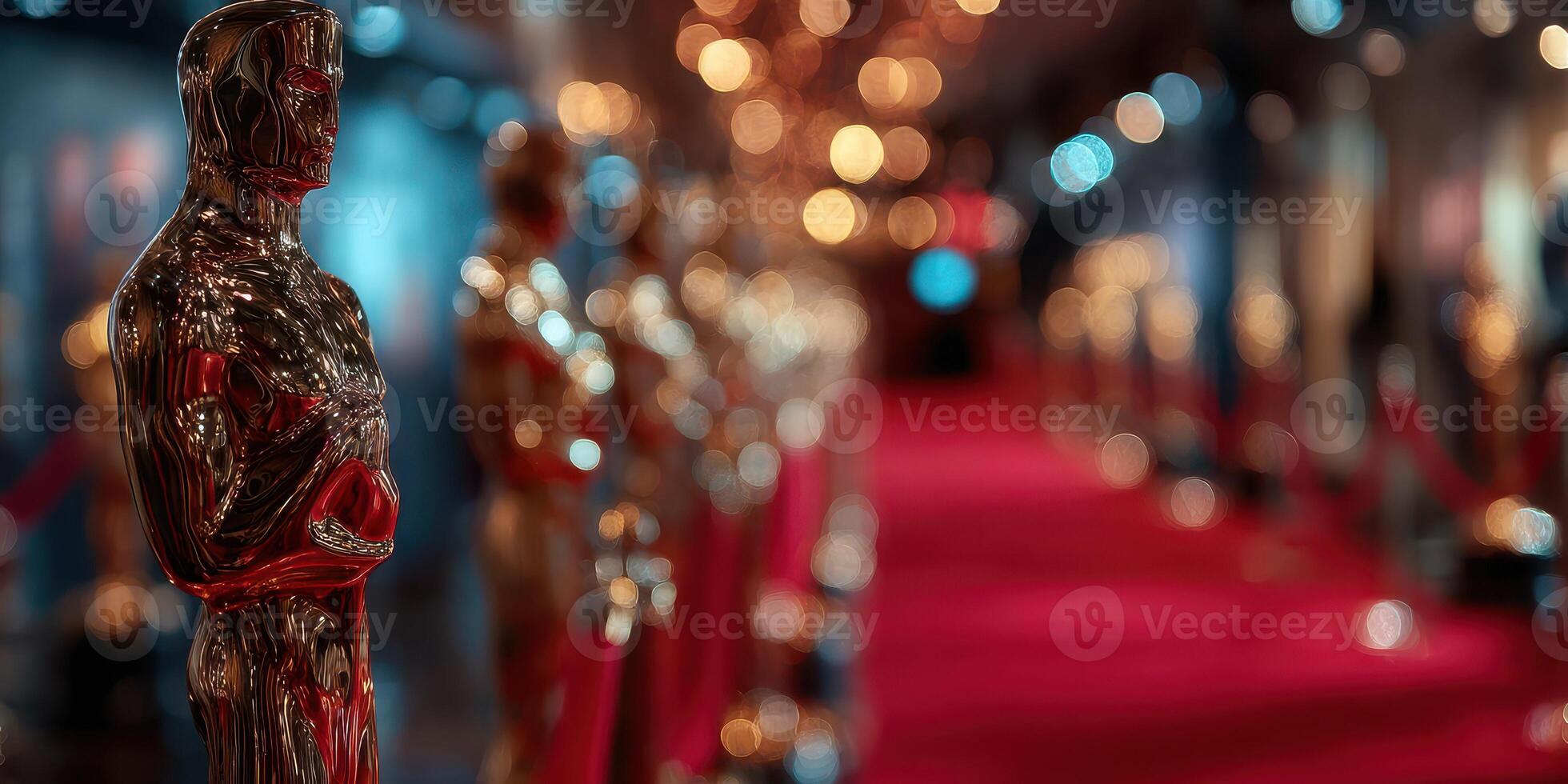 Golden statuettes line the red carpet as celebrities prepare for the glamorous award ceremony night in Hollywood photo