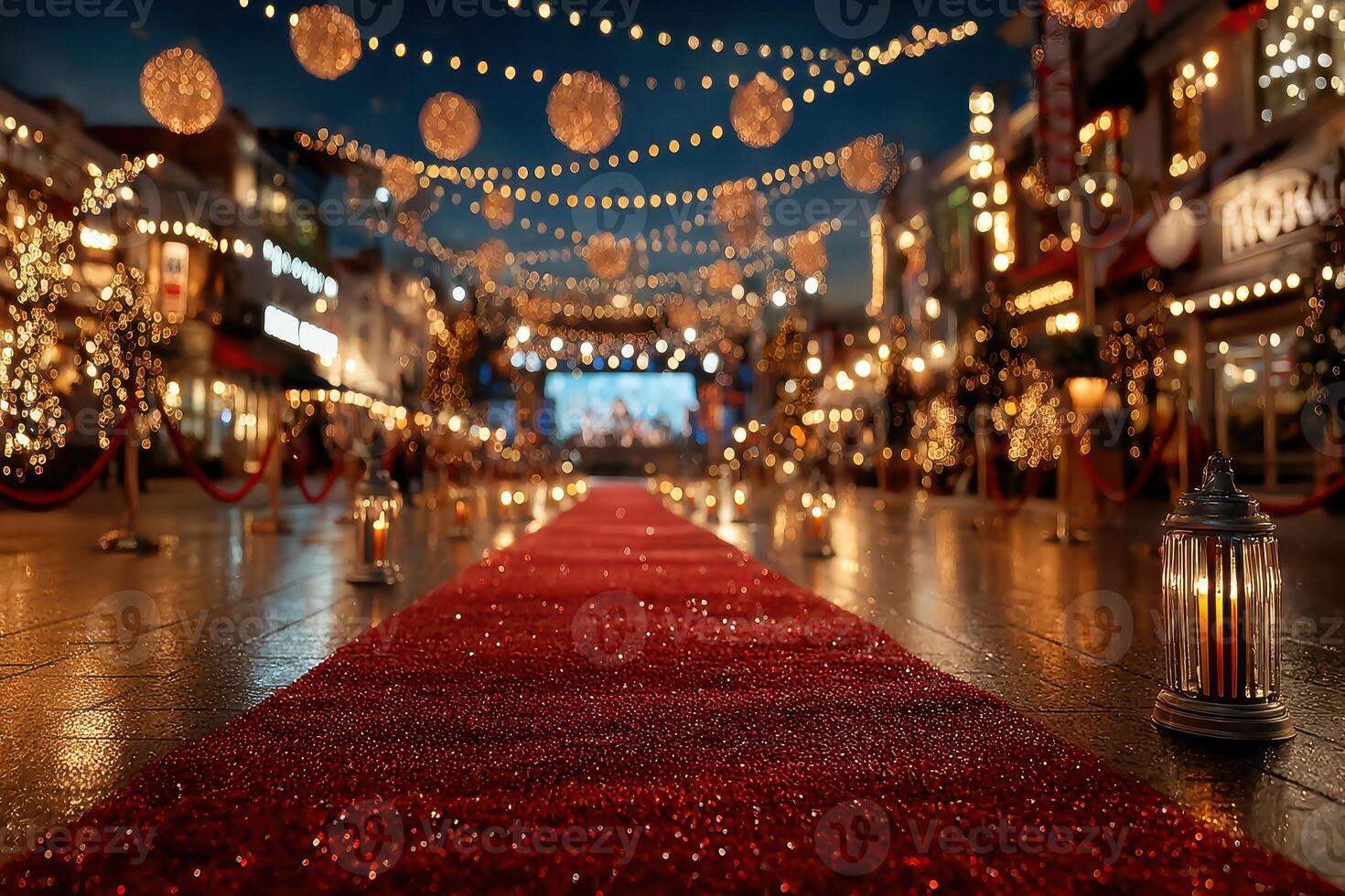 Festive celebration with warm lights and a red carpet at a bustling outdoor event in the evening photo