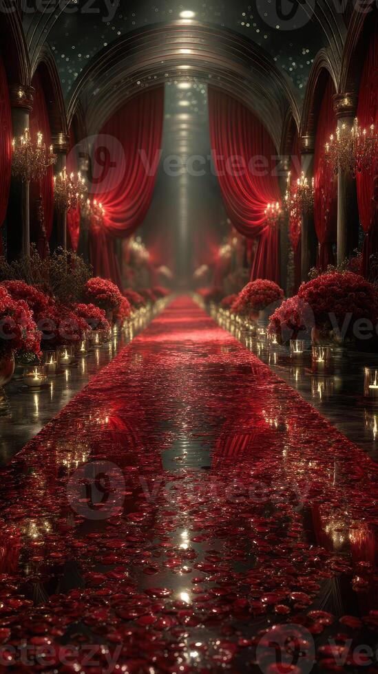 Elegant hallway adorned with red roses and candlelight during a romantic evening event photo