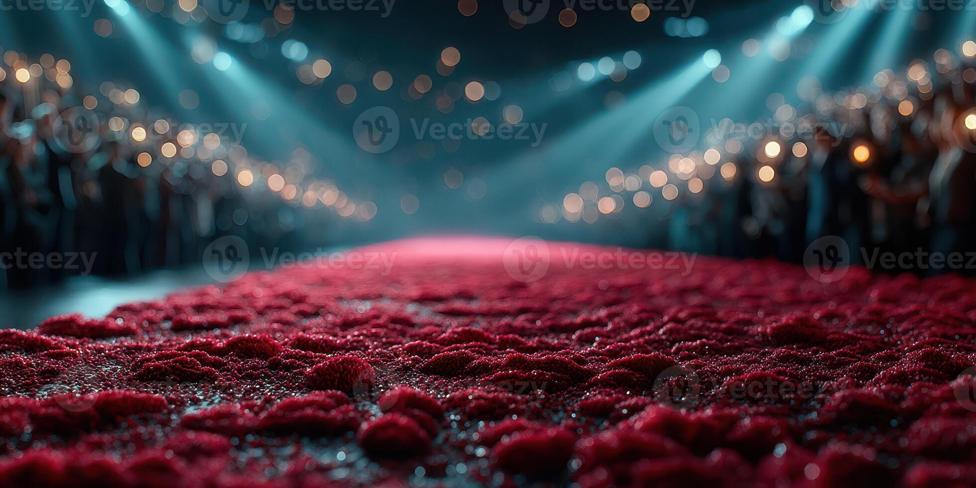 Elegantly adorned runway with vibrant blossoms and an audience illuminated by soft lights during a fashion event photo