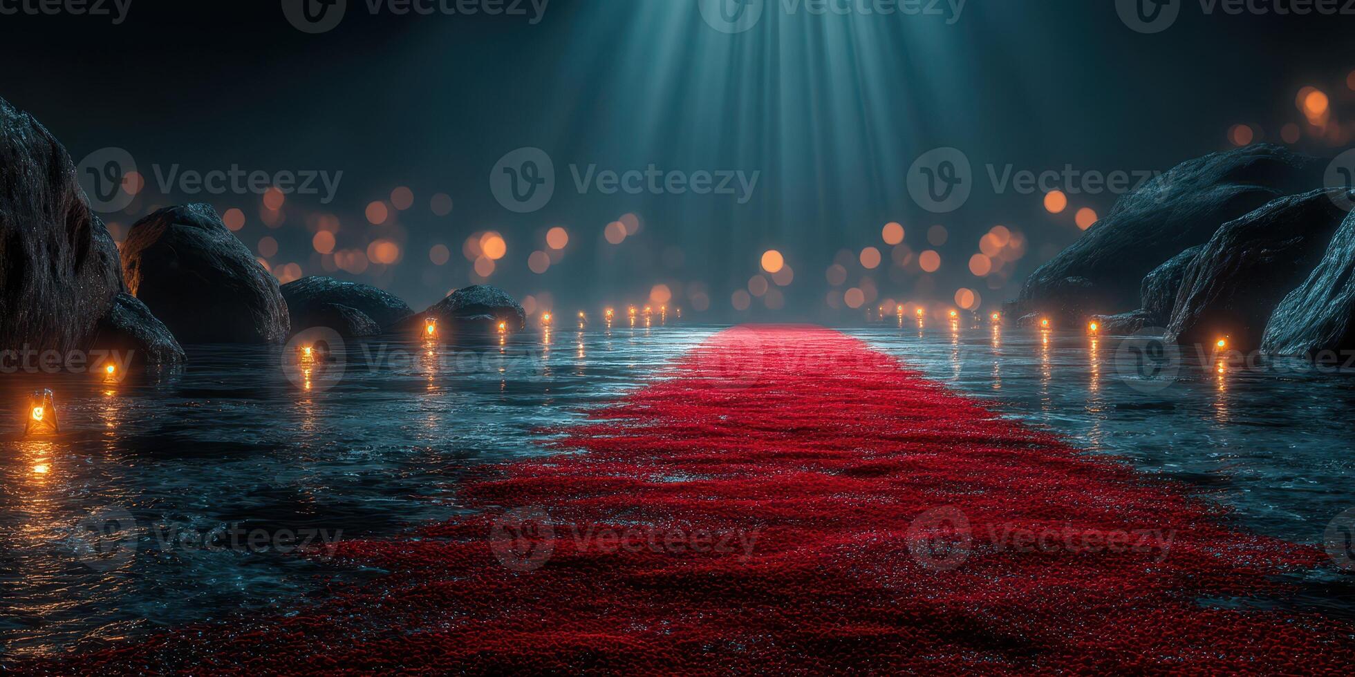 Red carpet leading through a mystical water landscape adorned with soft lighting and reflections at night photo