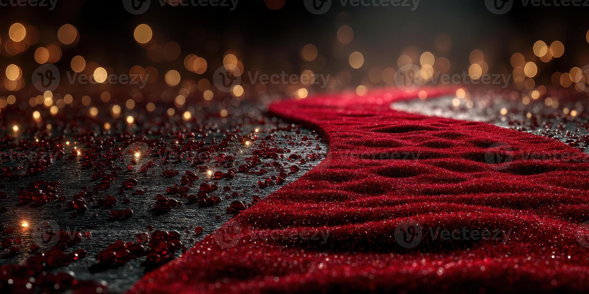 Elegant red carpet adorned with rose petals under warm light creates a romantic atmosphere for an event photo