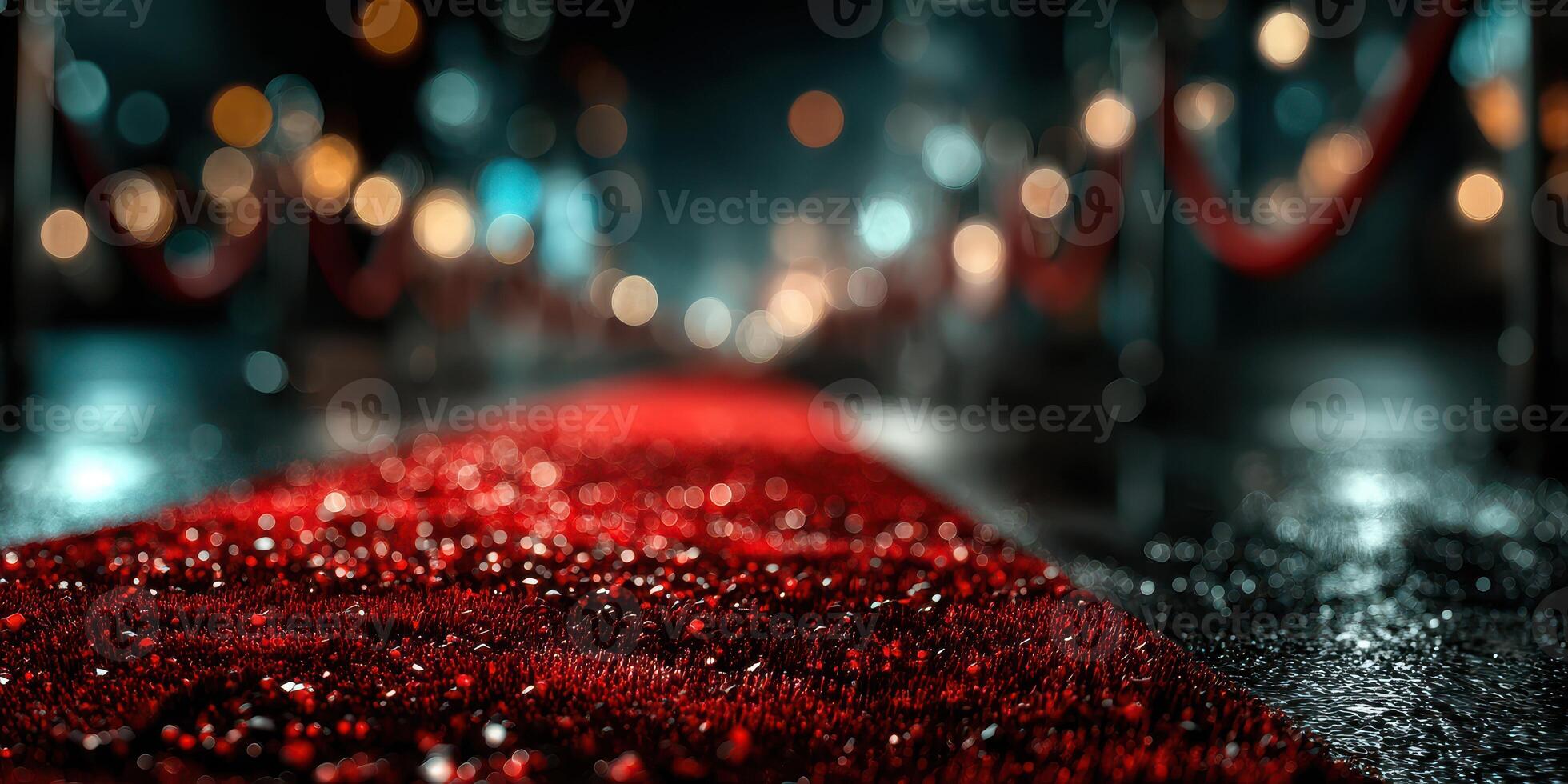 Elegantly lit red carpet leading to an event venue on a rainy night in a bustling city filled with bright lights photo
