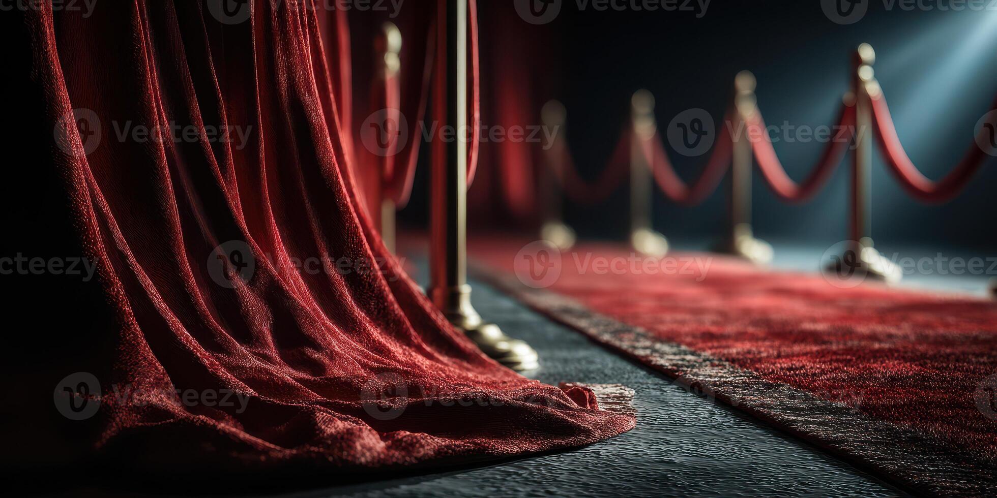 Elegant red carpet entrance with velvet ropes and soft lighting at a gala event in an upscale venue setting photo
