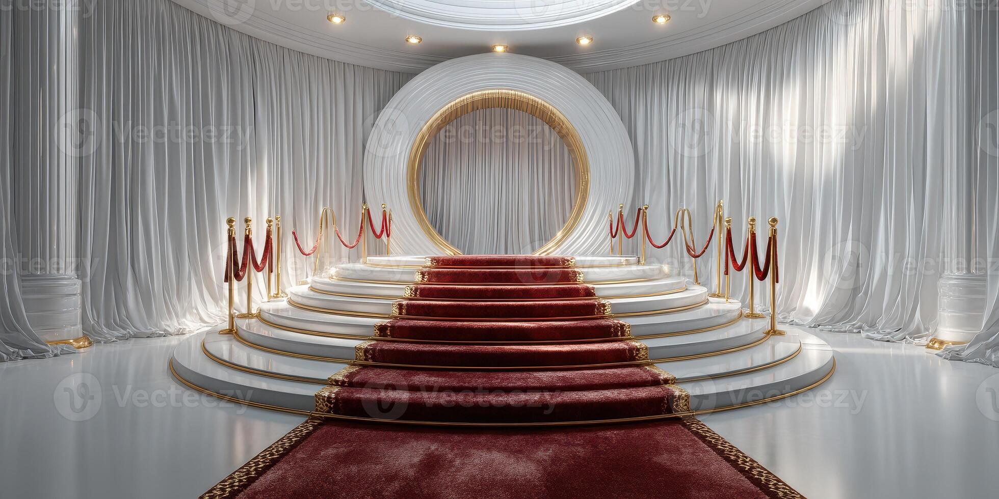Elegant event space with red carpet and golden accents for special occasions and ceremonies photo