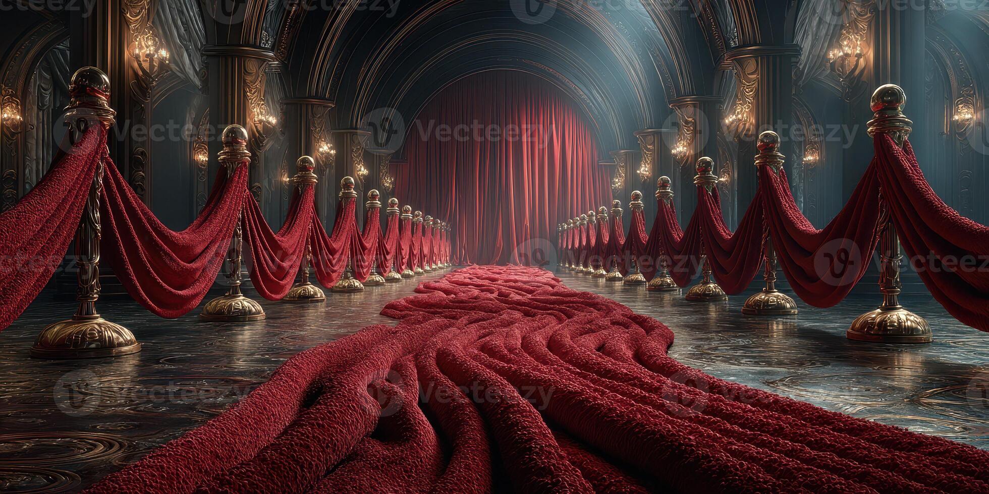 Luxurious red carpet entrance in an opulent hall with velvet drapes and elegant lighting photo