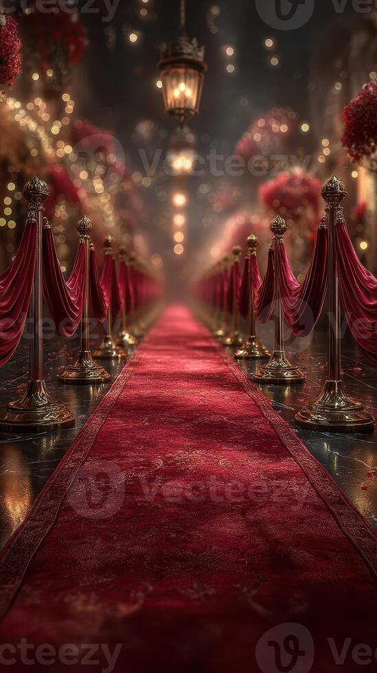 Elegant red carpet lined with golden stanchions leads to a beautifully decorated venue at night photo