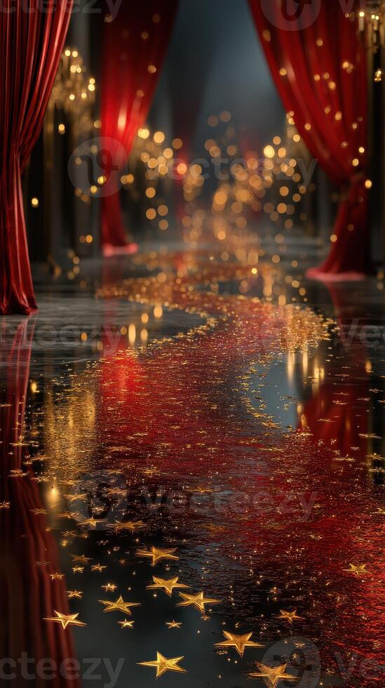Glittering red curtain corridor with starry path illuminated by soft lights photo