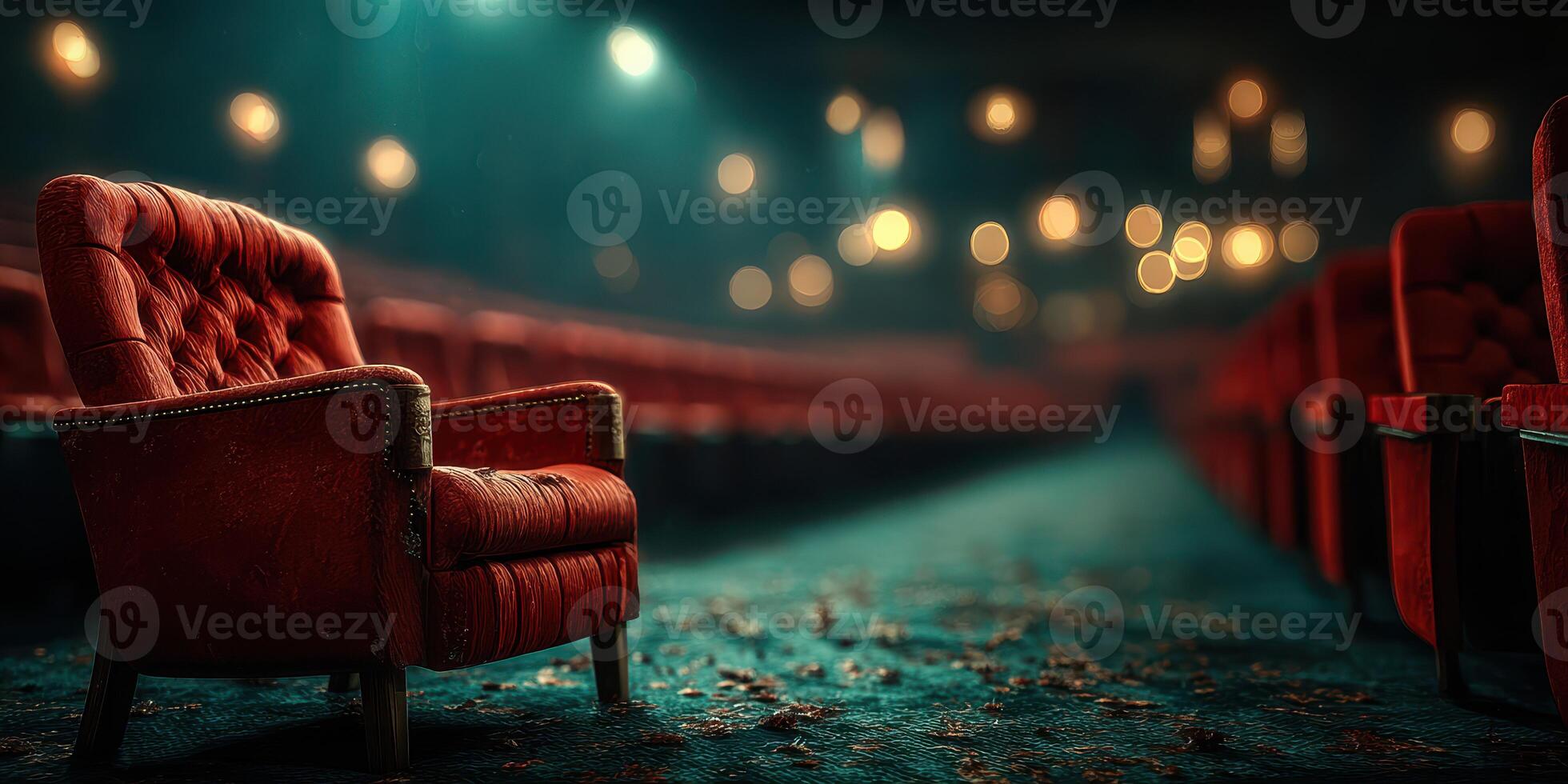 Empty red chair in a dimly lit theater with scattered leaves and soft bokeh lights photo