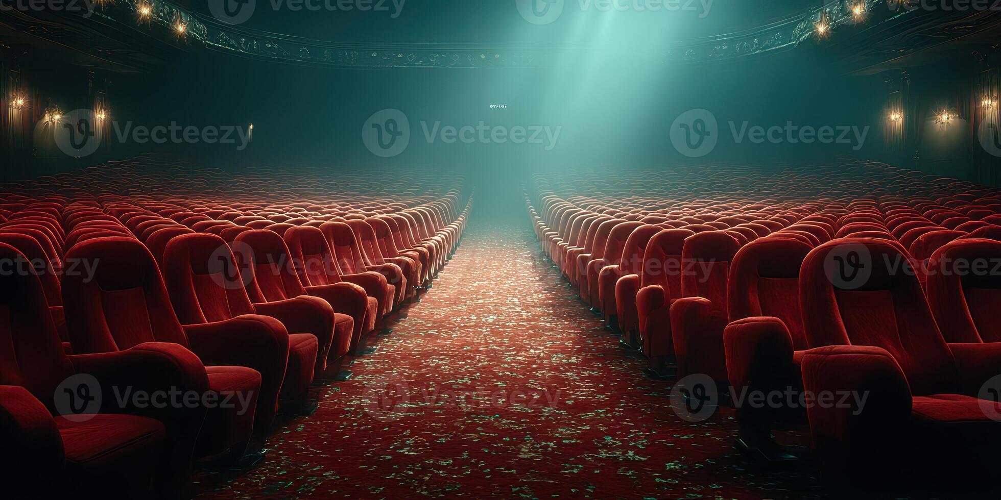 Empty theater with red seats and a spotlight illuminating the center aisle during a quiet evening performance photo