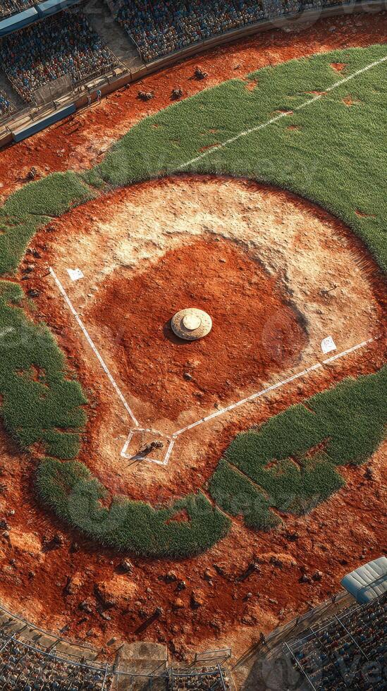 Baseball field with overgrown grass at a dilapidated stadium, showcasing nature reclaiming the space during daylight photo