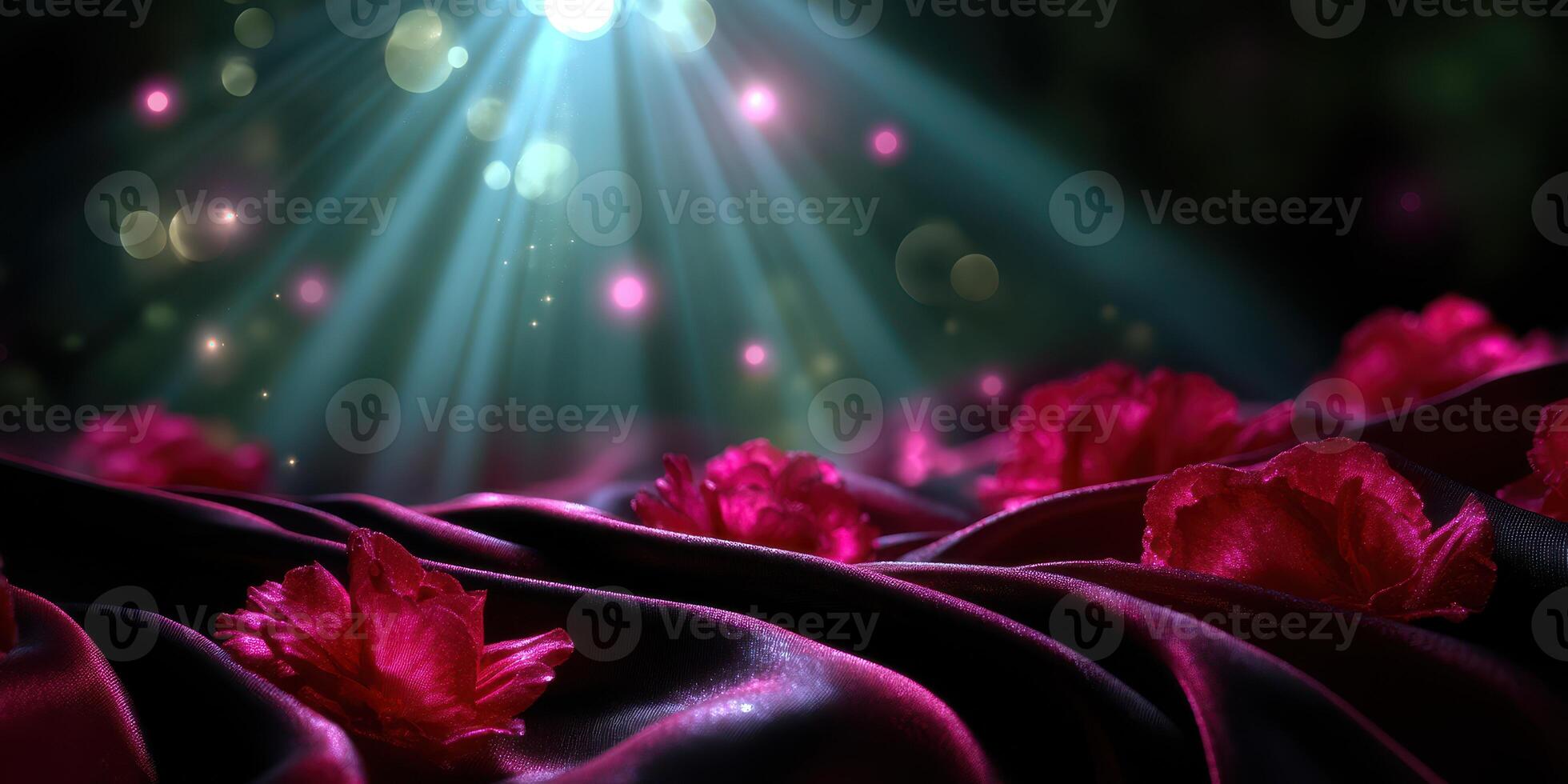 Vivid pink flowers scattered on elegant fabric with soft beams of light illuminating the scene in a tranquil setting photo
