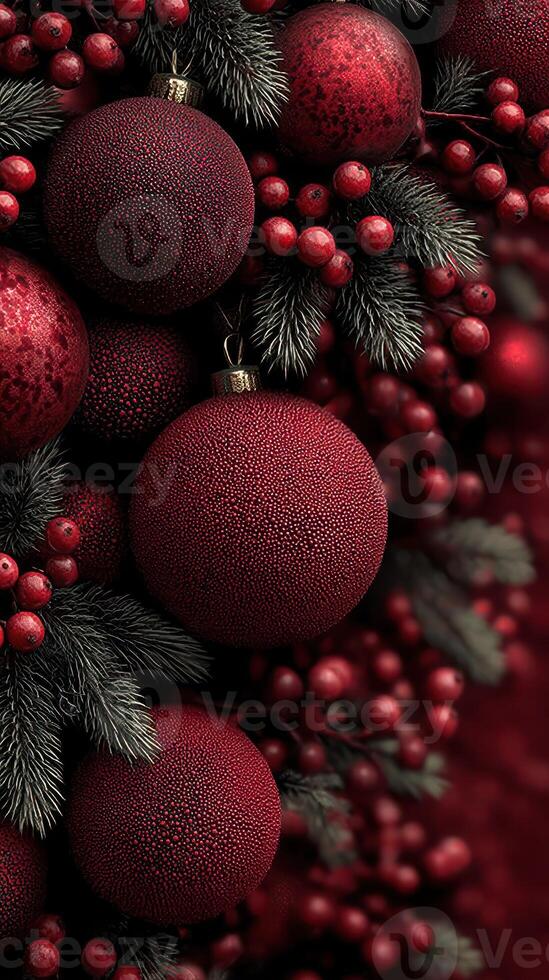 Decorative red ornaments and berries adorn a festive arrangement for the holiday season photo
