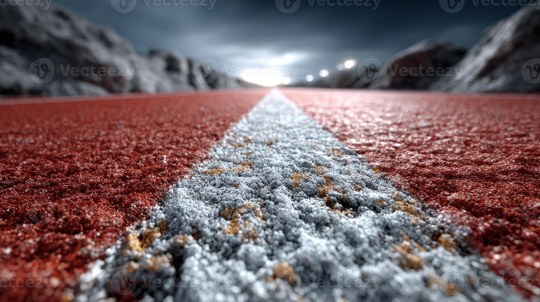Dramatic view of a desolate red road stretching into the distance under a cloudy sky at dusk, surrounded by rocky terrain photo