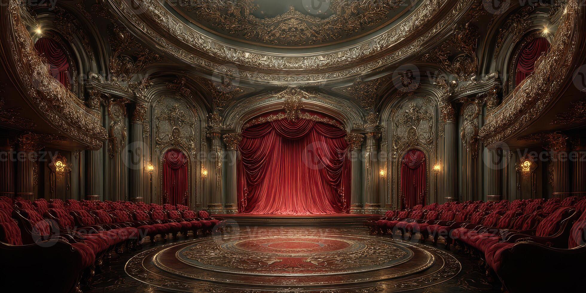 Elegant theater interior with red curtains and detailed architecture in an opulent setting photo