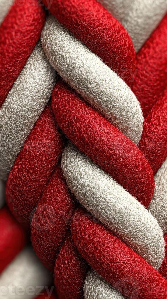 Close-up view of intricately woven red and silver cords highlighting craftsmanship and textile design photo