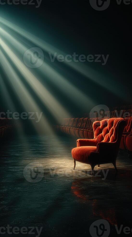 Mysterious velvet chair illuminated by beams of light in an empty theater at night photo