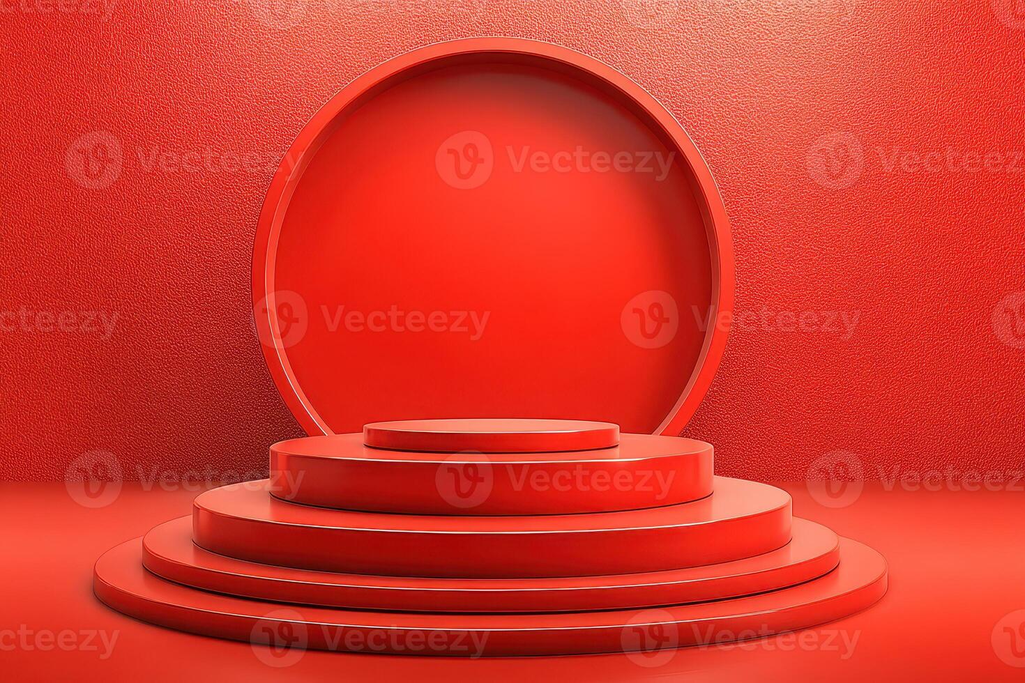 Red circular podium display featuring stacked platforms in a minimalist design for event showcases photo