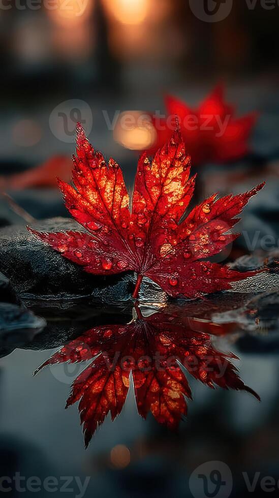 Vibrant red maple leaf resting on a wet surface reflecting in still water during autumn season photo