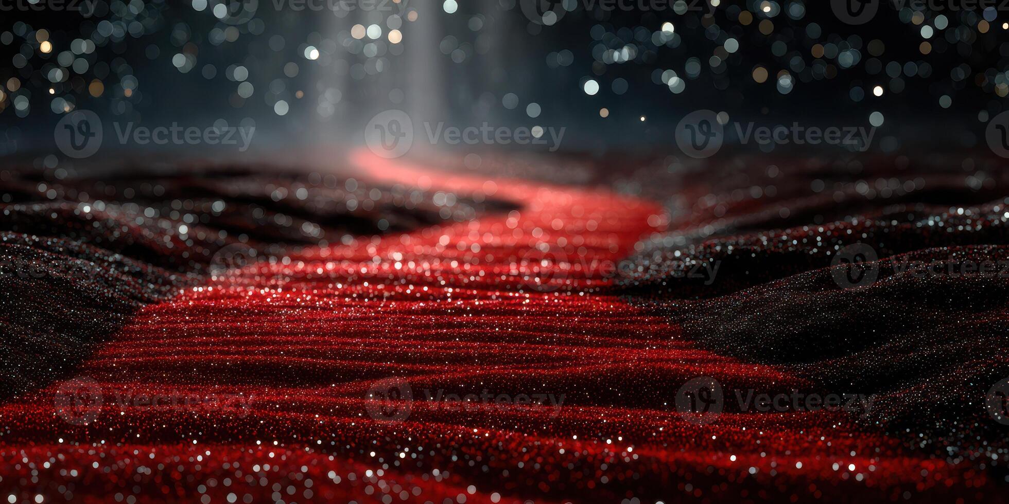 Red sparkling river flows through dark landscape under soft light, creating a mystical atmosphere at twilight photo