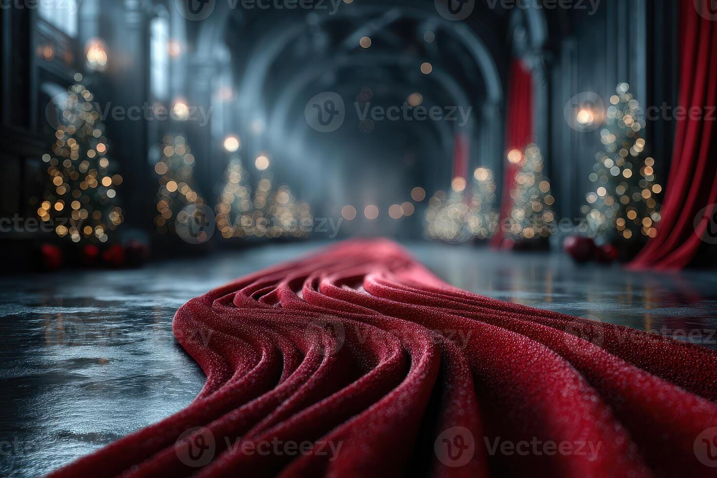 Elegant red fabric drapes on a polished floor in a festive grand hall with holiday lights and decorations during a winter celebration photo
