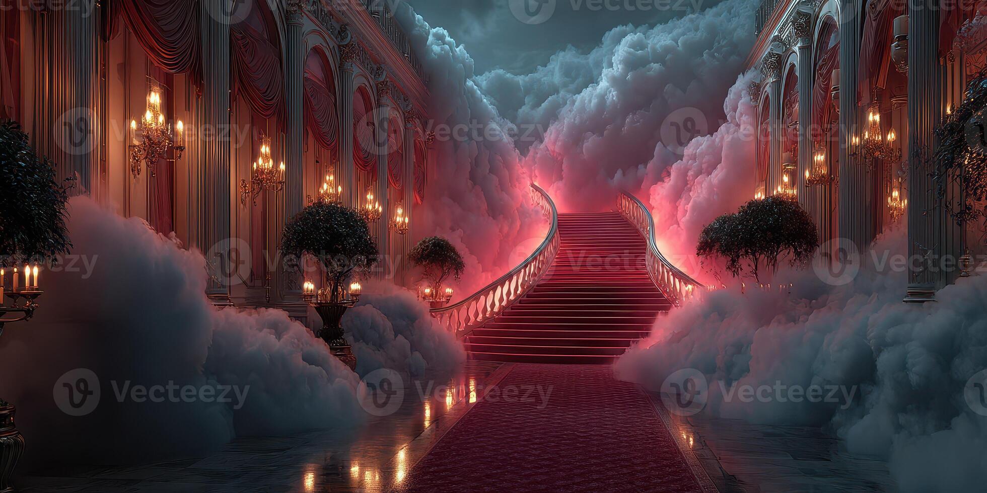 Majestic staircase leads to an enchanting cloud-filled hall during a mysterious night photo
