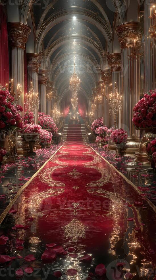 Elegant hall adorned with roses and chandeliers during a grand celebration photo