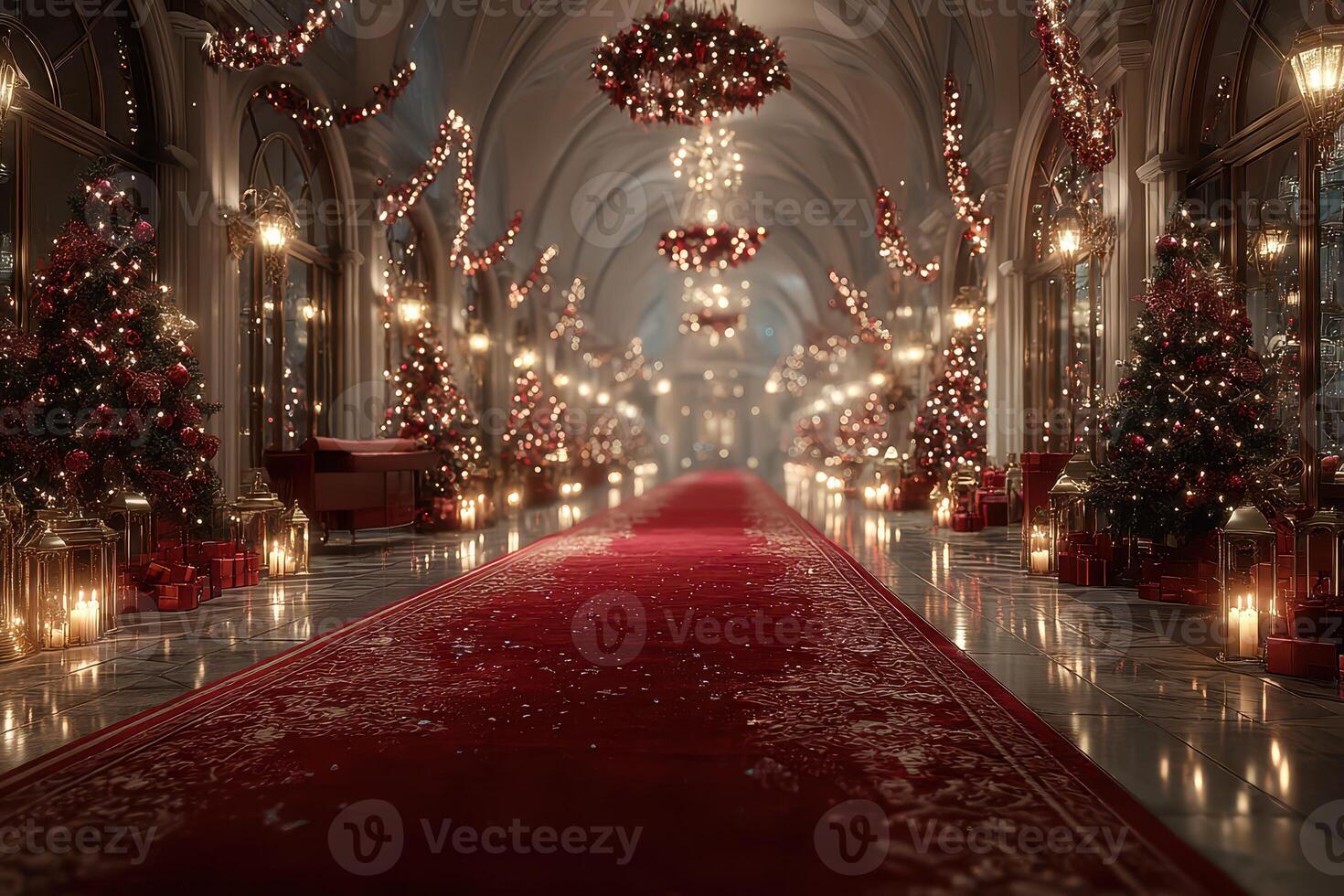 Elegant holiday corridor adorned with decorations and lights in a grand setting photo