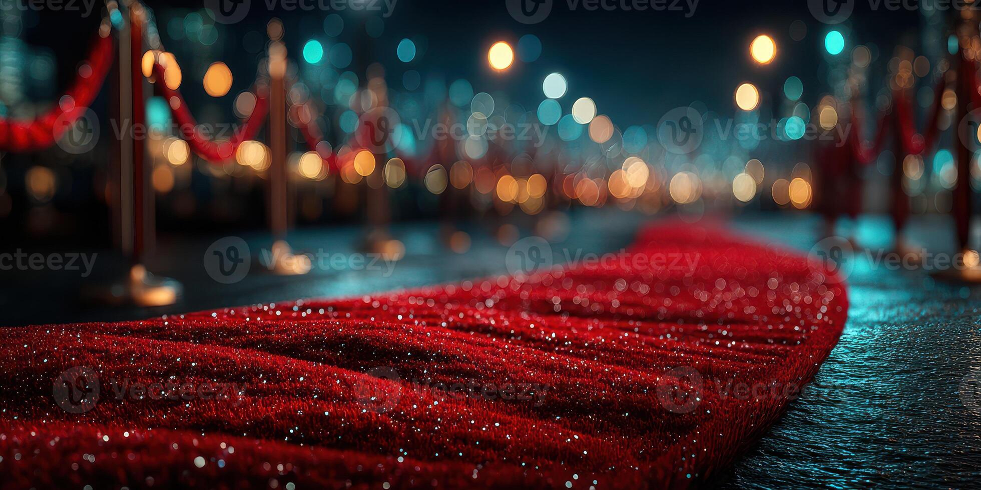 Elegant red carpet leading to a glamorous event at night with sparkling lights in the background photo