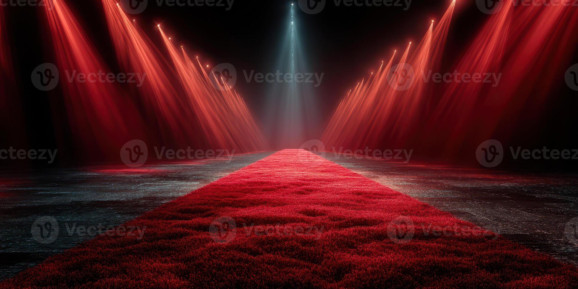Red illuminated runway with bright lights creating a dramatic atmosphere for a fashion event photo