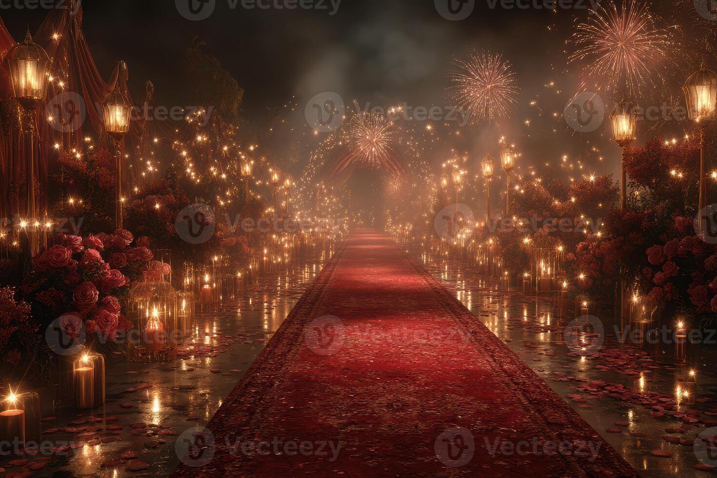Romantic pathway adorned with flowers and candles under fireworks at night photo