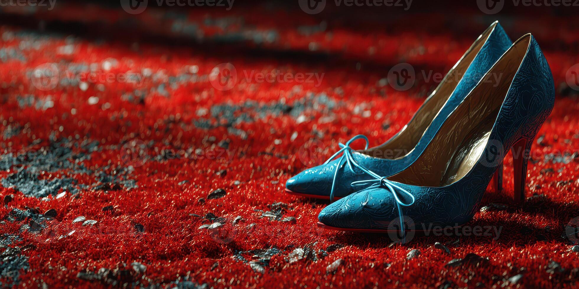 Elegant blue high heels resting on vibrant red carpet in a chic setting during evening hours photo