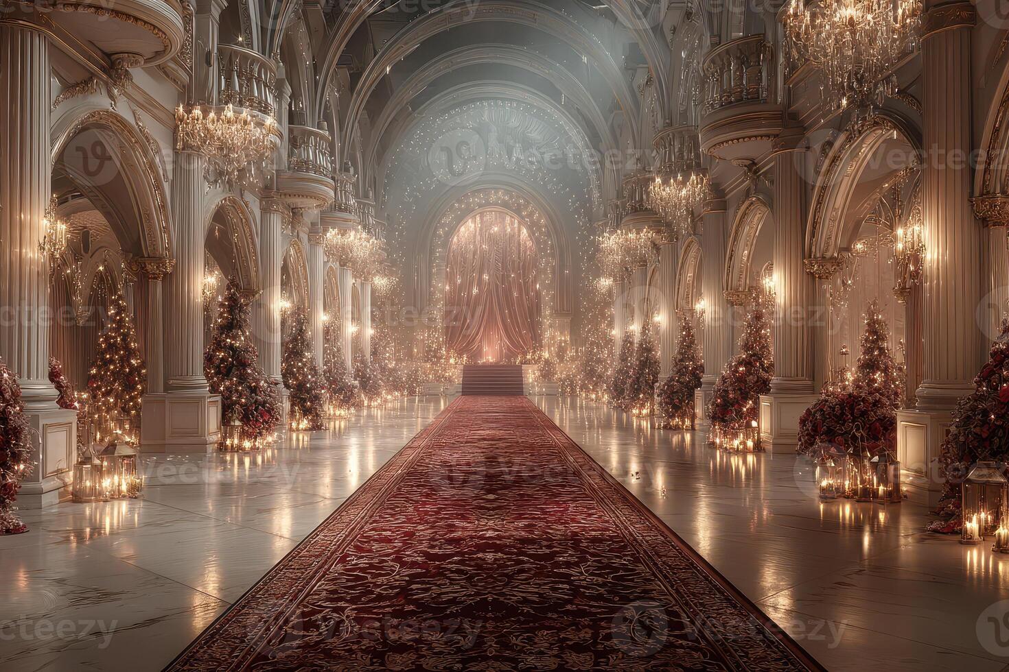 Grand hallway adorned with holiday decorations in an elegant palace setting photo