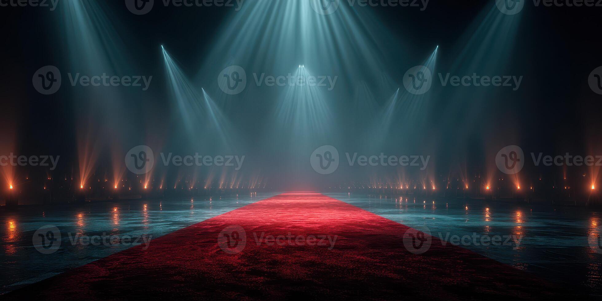Dramatic stage setup with red carpet and blue spotlight lights during an elegant event photo