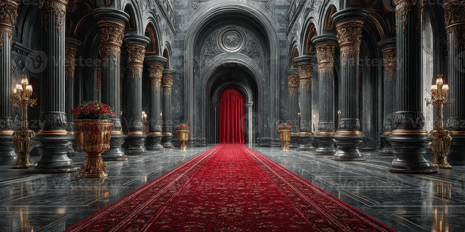 Elegant grand hall with ornate columns and a vibrant red carpet in luxurious palace setting photo