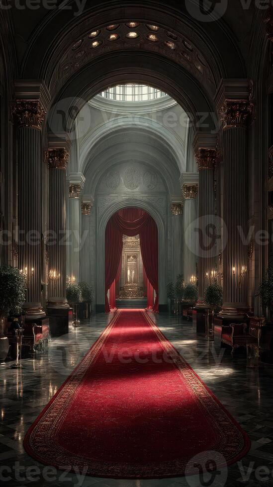 Grand hallway with red carpet and ornate architecture in a majestic palace during the afternoon light photo