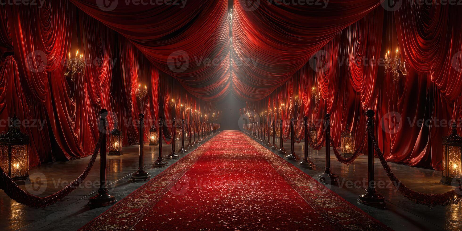 Luxurious red carpet corridor with elegant drapery and ambient lighting for a grand event photo