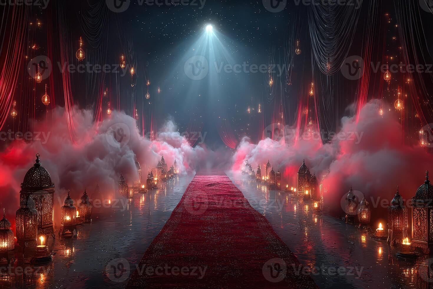 Elegant red carpet pathway with lanterns and mist illuminates a dramatic setting for an evening event photo