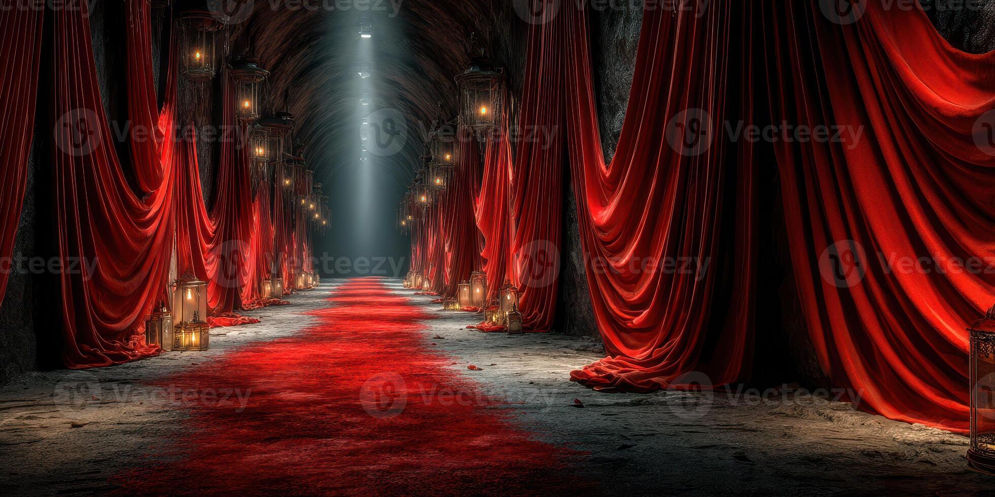 Elegant corridor adorned with red drapes and soft lighting creates a dramatic entrance for an upscale event or gathering photo