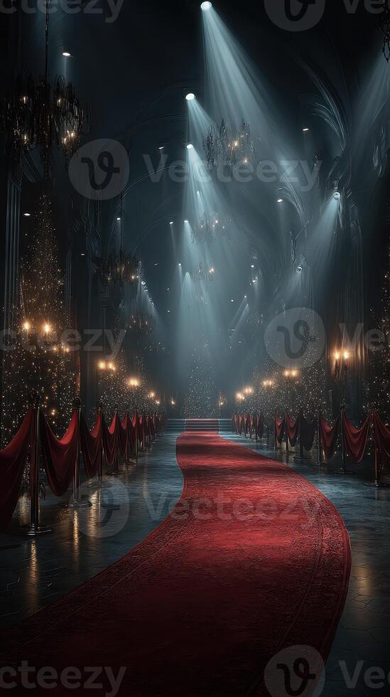 Elegant red carpet leads through a dimly lit grand hall adorned with festive lights and decorations during evening hours photo