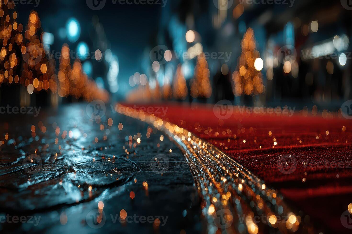 Red carpet leading to a festive celebration at night with twinkling lights and beautifully decorated trees photo