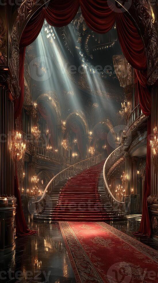 Grand staircase in opulent hall illuminated by soft light showcases elegant design and intricate details photo