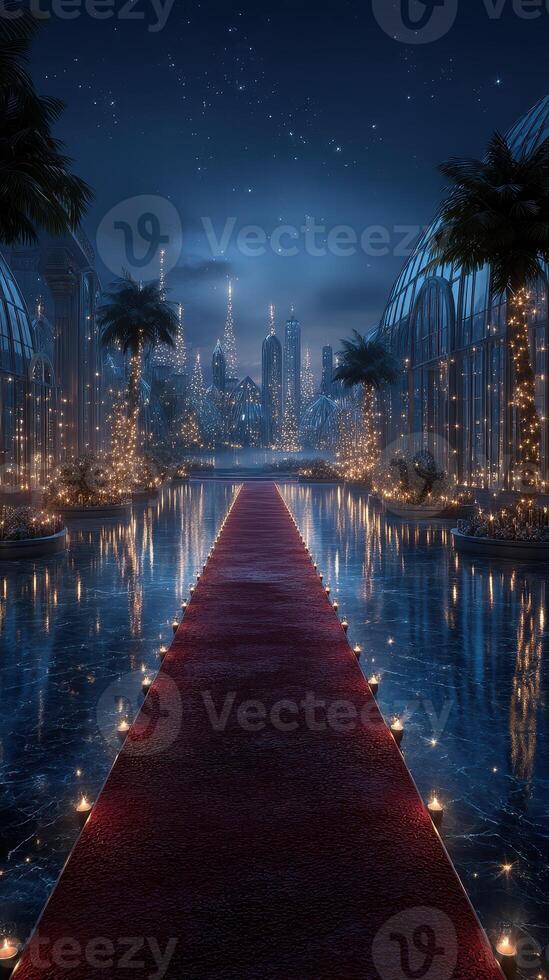Extravagant night gala on a red carpet surrounded by illuminated greenery and city skyline photo